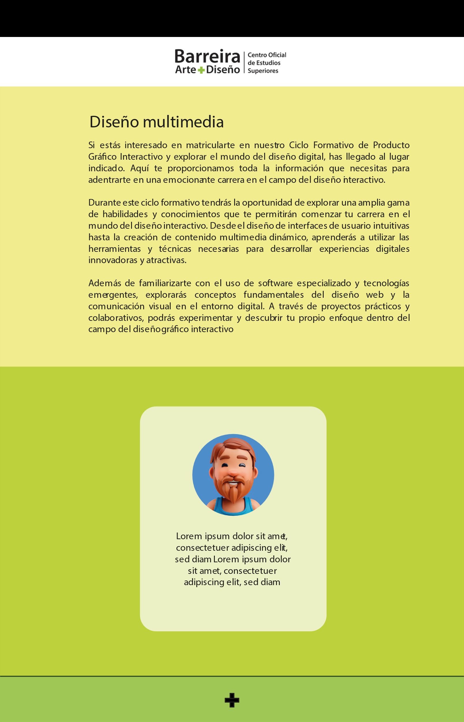 Landing page de ejemplo: cabecera amarilla con título y texto, sección verde con una tarjeta redondeada con avatar y pie verde oscuro.