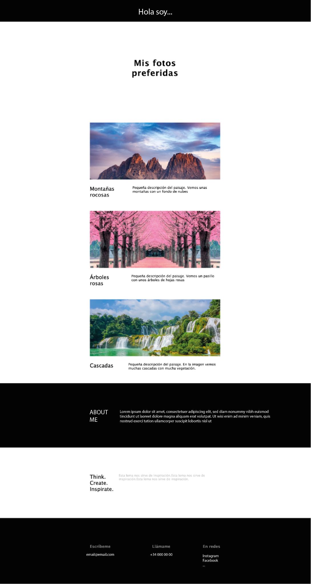 Wireframe de un portfolio: barra superior «Hola soy…», título «Mis fotos preferidas», tres fotos con título y descripción, bloque negro «About me», bloque «Think. Create. Inspire.» y pie con tres columnas.
