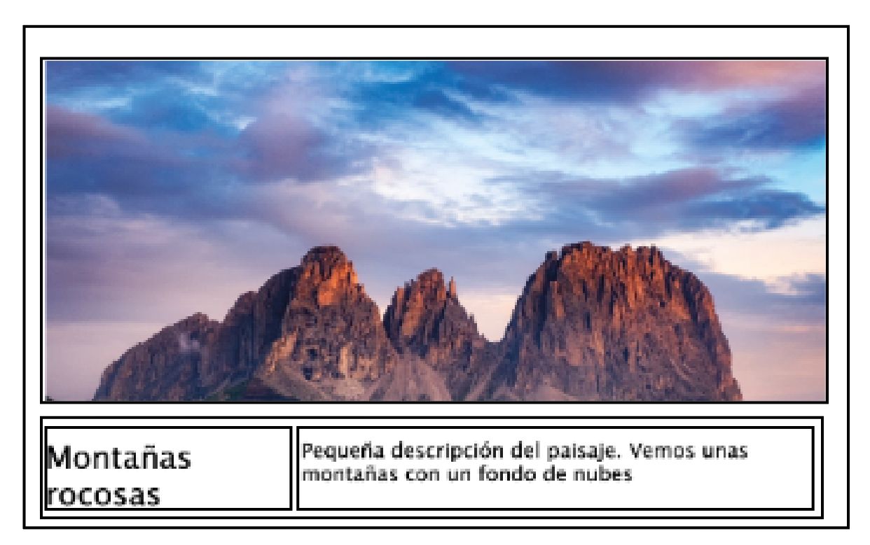 Una foto de montañas rocosas con el título «Montañas rocosas» y una pequeña descripción del paisaje debajo.