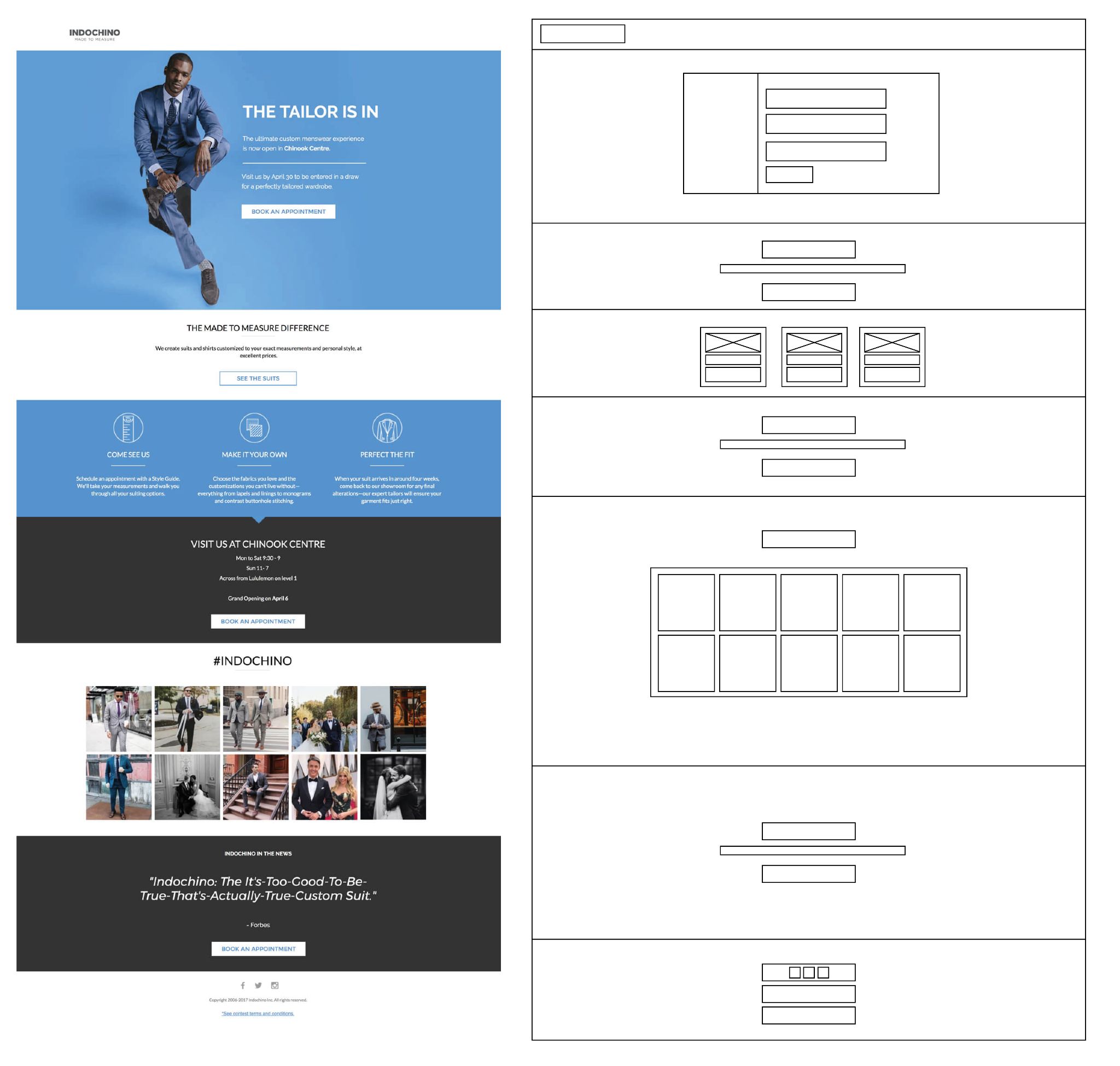 Una página web de una sastrería a la izquierda y su wireframe a la derecha, con las secciones marcadas.