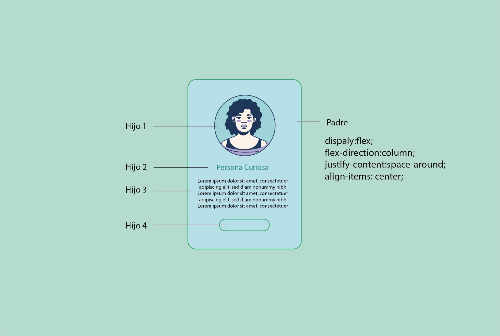 Una tarjeta con sus cuatro hijos (imagen, título, texto y botón) y su padre: display flex, flex-direction column, justify-content space-around y align-items center.