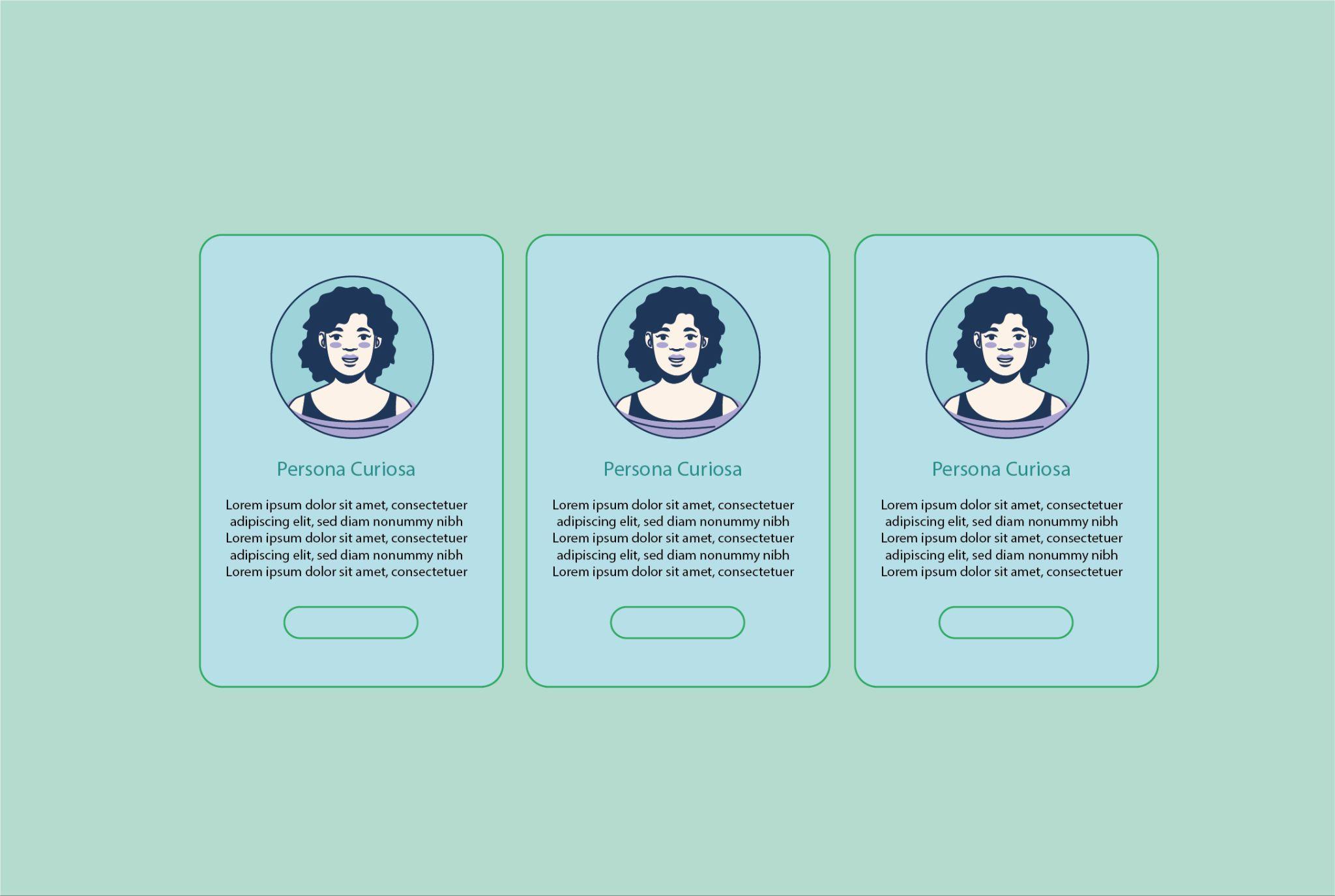 Tres tarjetas verticales con avatar, título «Persona Curiosa», texto y botón sobre fondo verde menta.